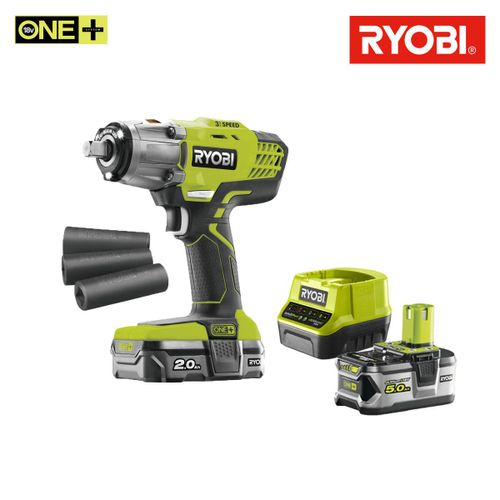 Pack RYOBI boulonneuse à chocs 18V One+ - 1 batterie 2.0Ah - 1 chargeur R18IW3-120S - 1 batterie 5.0Ah Lithium-ion RB18L50