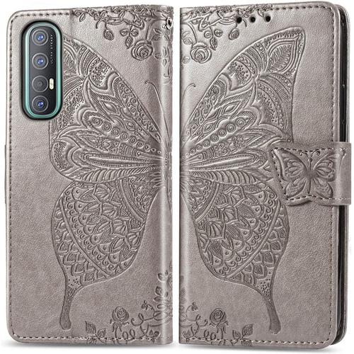 Coque Pour Oppo Find X2 Neo, Antichoc Housse Étui En Cuir Pu Flip Case Portefeuille À Rabat Avec Motif Papillon Porte Carte Fermeture Magnétique Pour Oppo Find X2 Neo, Gris