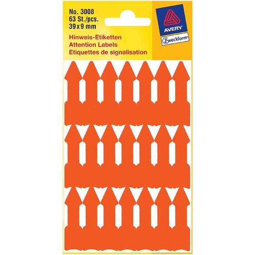 Avery Zweckform Lot De 3 Etuis De 63 Étiquette De Signalisation "Flèche" 39 X 9mm Rouge Fluo