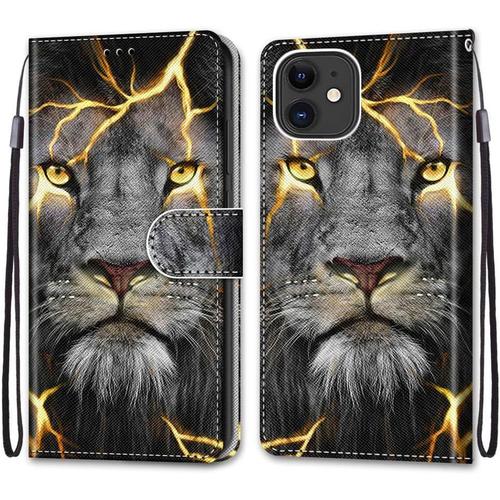 Etui En Pu 360 Protection Full Cuir Pour Apple Iphone 12 Max Coque Flip Case Housse À Rabat Portefeuille Étui Et Silicone Interne Cover Anti Choc Poche Motif Lion Enflammé Protection Bumper