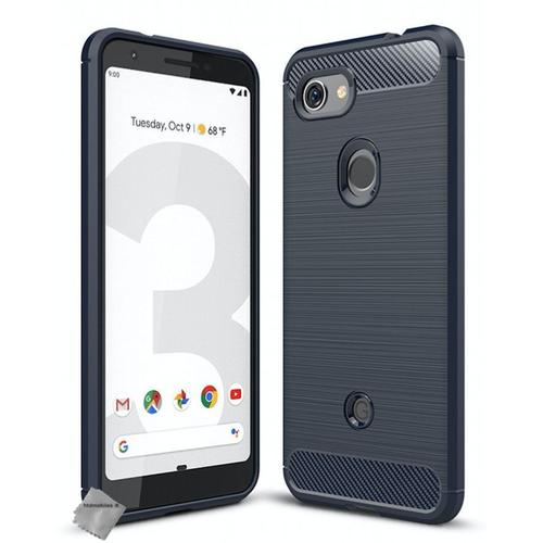 Housse Etui Coque Silicone Gel Carbone Pour Google Pixel 3a + Verre Trempe - Bleu Fonce