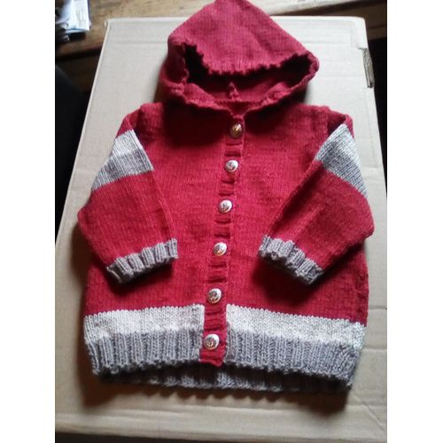 Gilet Laine Rouge Basque Capuche Garcon 12 Mois
