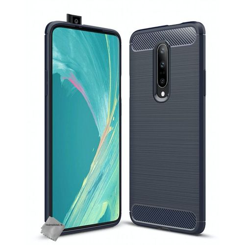 Housse Etui Coque Silicone Gel Carbone Pour Oneplus 7 Pro + Verre Trempe - Bleu Fonce