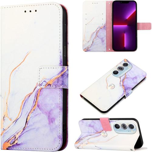 Coque Pu Cuir Pour Motorola Edge X30 Cover Flip Portefeuille Marbre Étui Magnétique Protecteur Folio Stand Support Et Carte De Crédit Slot Dragonne Etui Impression Housse Pour Edge X30 Mauve