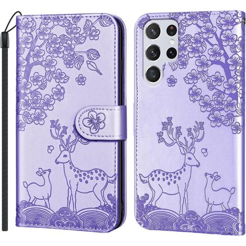 Coque Pour Samsung Galaxy S22 Ultra 5g, Cuir Pu Étui Portefeuille À Rabat Housse Motif Cerf Sika Fermeture Magnétique Case Porte Carte Housse Flip Stand Cover Pour Samsung S22 Ultra 5g,Mauve