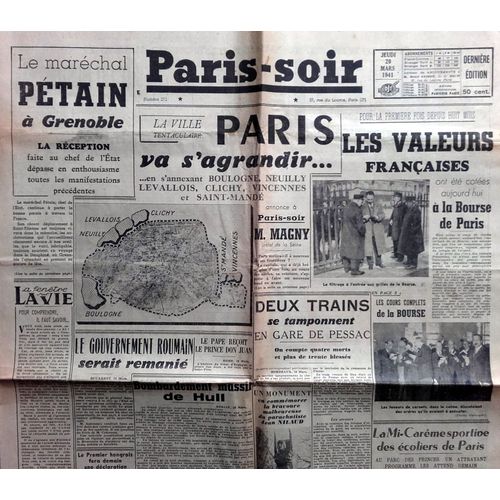 39-45 : Vieux Journal "Paris-Soir" Du 20 Mars 1941 (Ww2, Simenon, Paris S'agrandit, Pétain...)