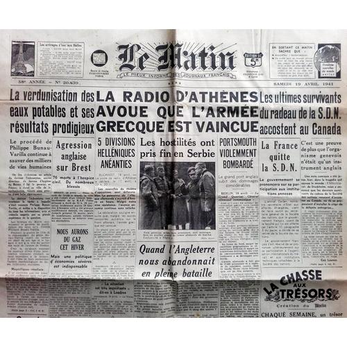 39-45 : Vieux Journal "Le Matin" Du 19 Avril 1941 (Ww2, Assane Diouf, Armée Grecque...)