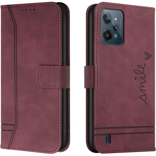 Coque Pour Oppo Realme C31, Coque Oppo Realme C31, Protection Portefeuille Etui À Rabat Housse En Cuir Pu Avec Antichoc Tpu Fermoir Magnétique Flip Pochette Housse Pour Oppo Realme C31 Rouge