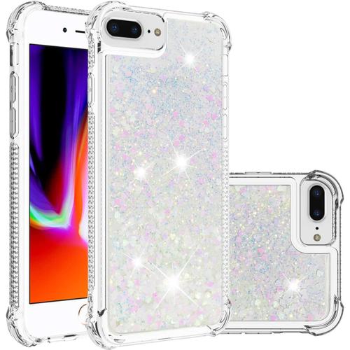 Étincelle Coque Pour Iphone 6s Plus/7 Plus/8 Plus Coques Pop Magnifique Liquide Paillettes Doux Tpu Coque Protection Arrière Silicone Coque Antichoc Mignon Transparente Couverture Pour-Argent