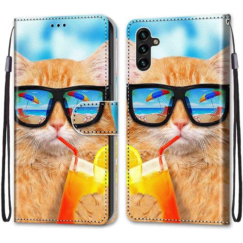 Coque En Pu Cuir Pour Samsung Galaxy A13 5g Étui Flip Cover Clapet De Protection Portefeuille Avec Motif Chat D'or Cool Housse Magnétique Case Wallet Antichoc Cover Pour Samsung Galaxy A13 5g