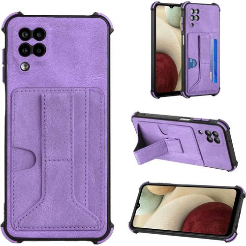 Étui Pour Samsung Galaxy A12 5g Cover Stand Wallet Cover Couleur Unie Doux Peau Étui Téléphone En Cuir Pu Antichoc Anti Chute Étui Carte Fente Mode Housse Protection Pour Samsung A12 5g Mauve