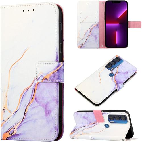 Coque Pu Cuir Pour Motorola Edge 2021 Cover Flip Portefeuille Marbre Étui Magnétique Protecteur Folio Stand Support Et Carte De Crédit Slot Dragonne Etui Impression Housse Pour Edge 2021 Mauve