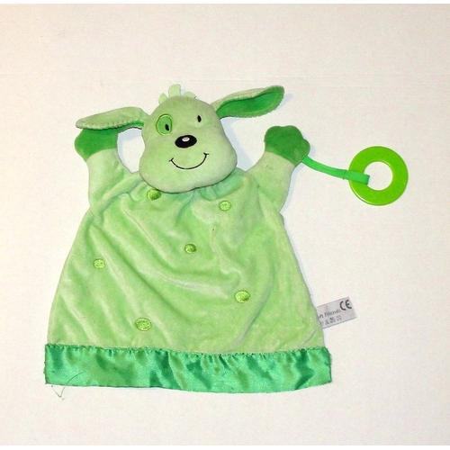 Doudou Plat Chien Vert Avec Anneau De Dentition Soft Friends