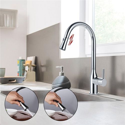 Homelody Robinet Cuisine avec Douchette 2 Jets Au Choix Mitigeur Evier en Laiton Chromé Bec Tube Pivotant à 360° Mousseur Extractible