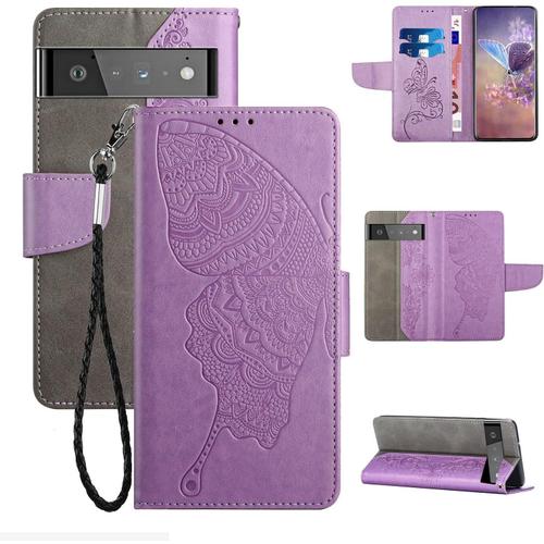 Etui À Rabat En Pu Cuir Pour Google Pixel 6 Flip Portefeuille Coque De Protection Avec Motif Papillon Gaufrage Pochette En Simili Cuir Etui A Rabat Carte Fentes Coque Pour Google Pixel 6, Mauve