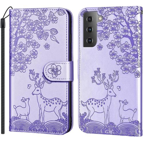 Coque Pour Samsung Galaxy S22 5g, Premium Cuir Pu Étui Portefeuille À Rabat Housse Motif Cerf Sika Fermeture Magnétique Case Porte Carte Housse Flip Stand Cover Pour Samsung Galaxy S22 5g,Mauve