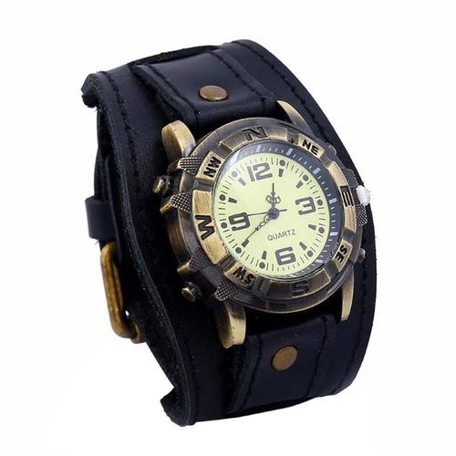 Montre Vintage Aviateur - Cadran Bronze Et Bracelet Large Noire - Bracelet De Force - Biker