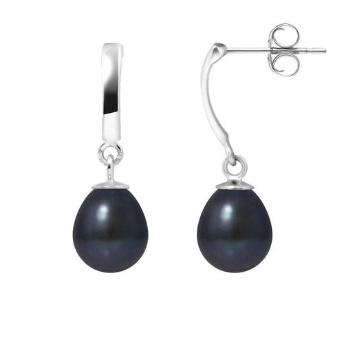 Boucles D'oreilles Pendantes Perles De Culture D'eau Douce Noires Et Or Blanc 375/1000 - Blue Pearls Bps K615 W - Ob Unique