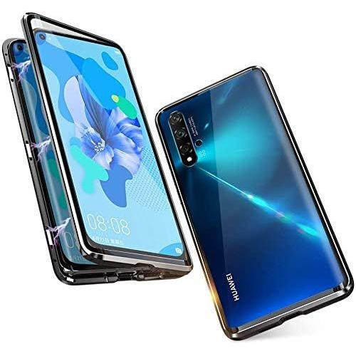 Coque Magnétique Pour Huawei Nova 5t Honor 20, 360 Degrés En Métal Antichoc Double Face En Verre Trempé Transparent, Couverture Complète, Adsorption Magnétique En Métal Bumper Case Noir