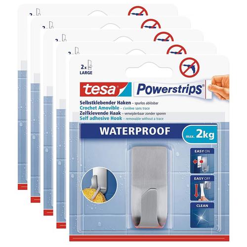 tesa Lot de 5 Crochets Powerstrips M¿tal + 2 Languettes Waterproof 2 Kg Argent