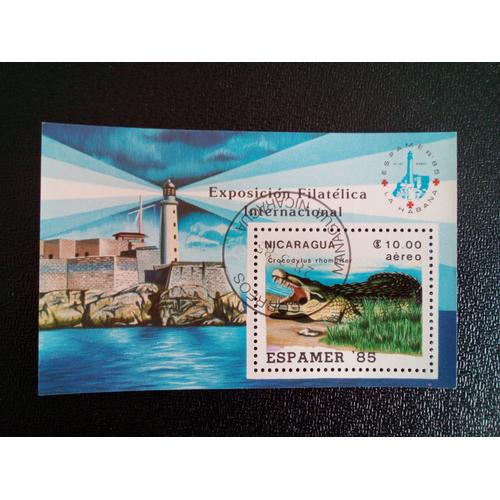 Timbre Nicaragua Yt Bf 172 Espamer Havana 1985. Crocodile (Crocodylus Rhombifer) 1985 ( 10612 )