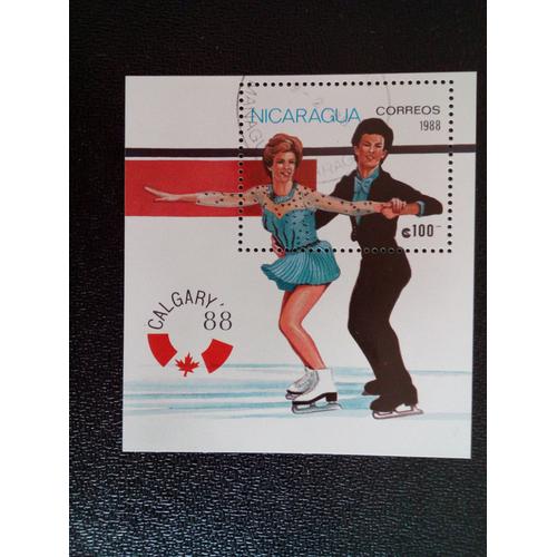 Timbre Nicaragua Yt Bf 182 Jeux Olympiques 1988 - Calgary Patinage Artistique 1988 ( 10612 )