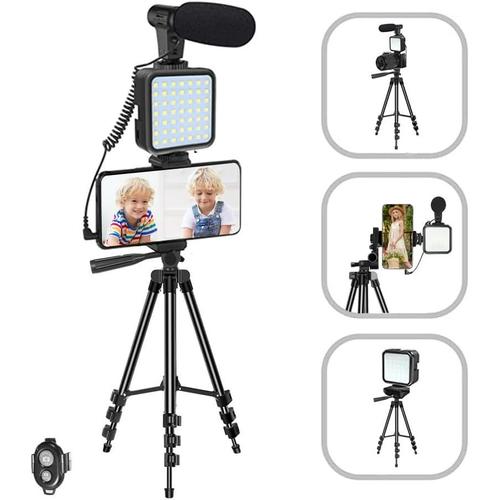 Kit vidéo pour smartphone, kit de tir vidéo, kit vidéo avec microphone, lumières LED, support de téléphone, trépied télescopique, appareil photo, YouTube, Tiktok, prise de vue, diffusion en direct