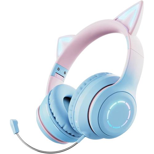 RVB Cat Migne Cat Ears Bluetooth Wireless Headphone with Mic Can Controld Kid Girl Girl Stéréo Musique Stéréo Casque Téléphone Gift Blue