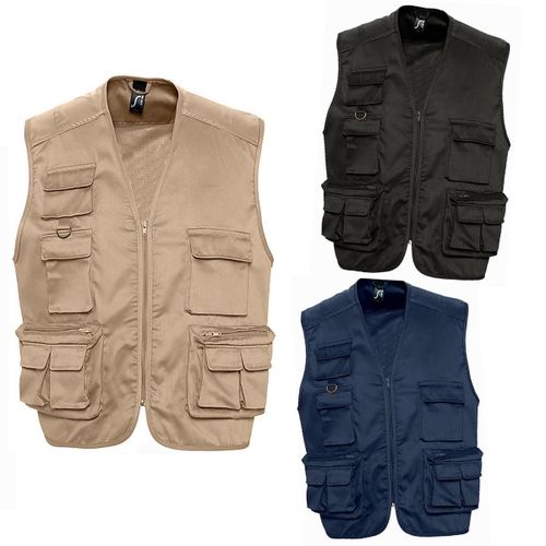 Lot 3 Gilets Reporter Multipoches Sans Manches - 43630 - Beige, Noir Et Bleu Marine