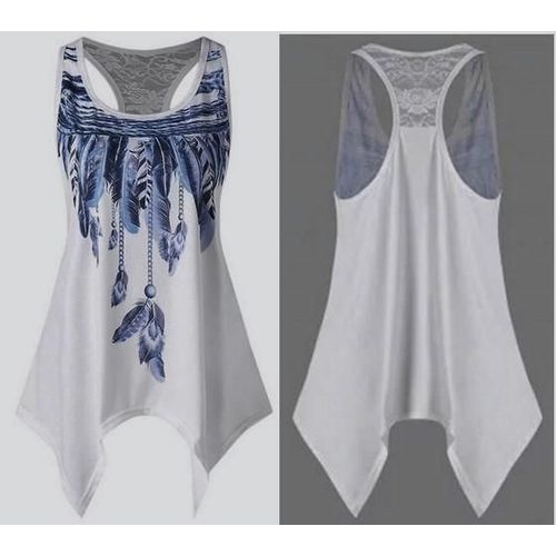 T-Shirt Débardeur Blanc Imprimé Plumes Bleues Xxl/44