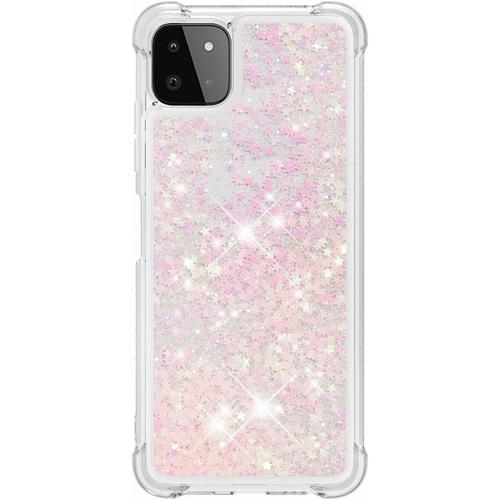 Compatible Avec Coque Samsung Galaxy 22 5g Brillant Liquide Sables Mouvant Transparent Quatre Coins Anti-Lutte Tpu Pare-Étoile À Cinq Dranches En Poudre D'argent