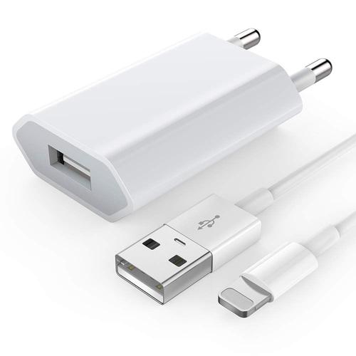 Chargeur Secteur + Câble Iphone, Adaptateur Usb Universel Mural & Chargeur Iphone 1m Pour Iphone 8/8 Plus / 7/7 Plus / 6s / 6s Plus / 6/6 Plus, Ipad 2/3 /4 Mini, Ipad Pro Air Etc (Blanc)