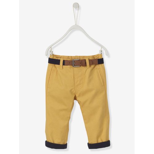 Pantalon Bébé Garçon Coupe Chino En Toile Doublée + Ceinture - Jaune Moutarde (Vertbaudet)