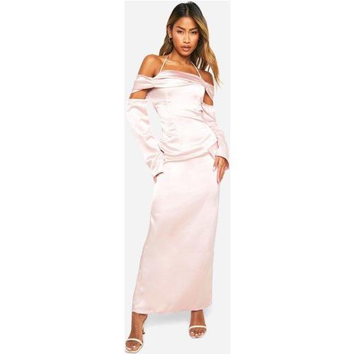 Satin Cold Shoulder Maxi Dres - Nude/Coquille D'?Uf - 14