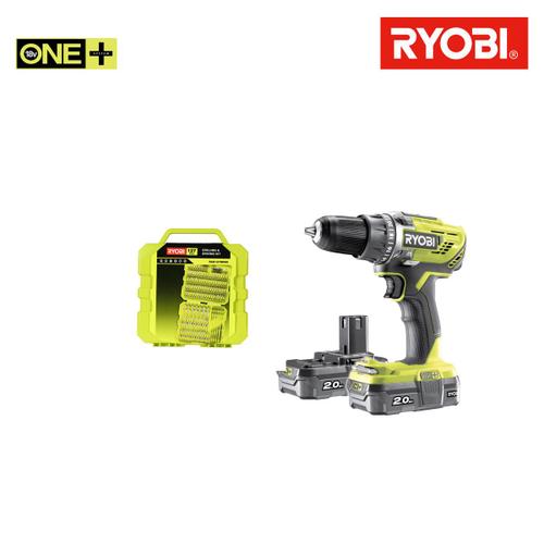 Pack RYOBI perceusse visseuse 18V OnePlus - 2 batteries 2.0Ah - chargeur rapide 2.0Ah R18DD3-220S - Coffret 127 accessoires de vissage perçage RAK127DDSD