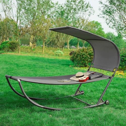 Sobuy® Ogs44-Dg Transat De Jardin Transat À Bascule Avec Pare-Soleil Et 2 Roulettes Chaise Longue À Bascule Bain De Soleil Confortable ¿ Gris