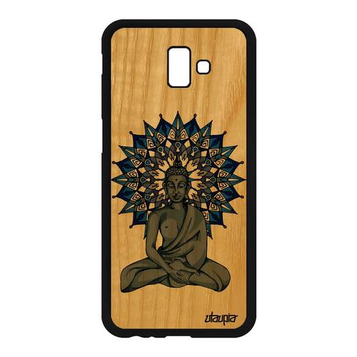 Coque En Bois Samsung Galaxy J6 Plus 2018 Silicone Bouddha Rosace D'or Nepal Zen