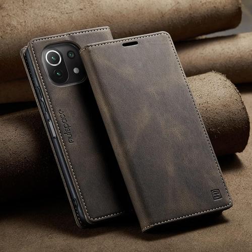 Couvercle De Botier Étui Portefeuille For Xiaomi 11 Lite Rétro En Cuir De Vachette Véritable Folio Portefeuille À Rabat Magnétique Mince Étui De Téléphone Porte Cartes Anti Chute Protection Complè