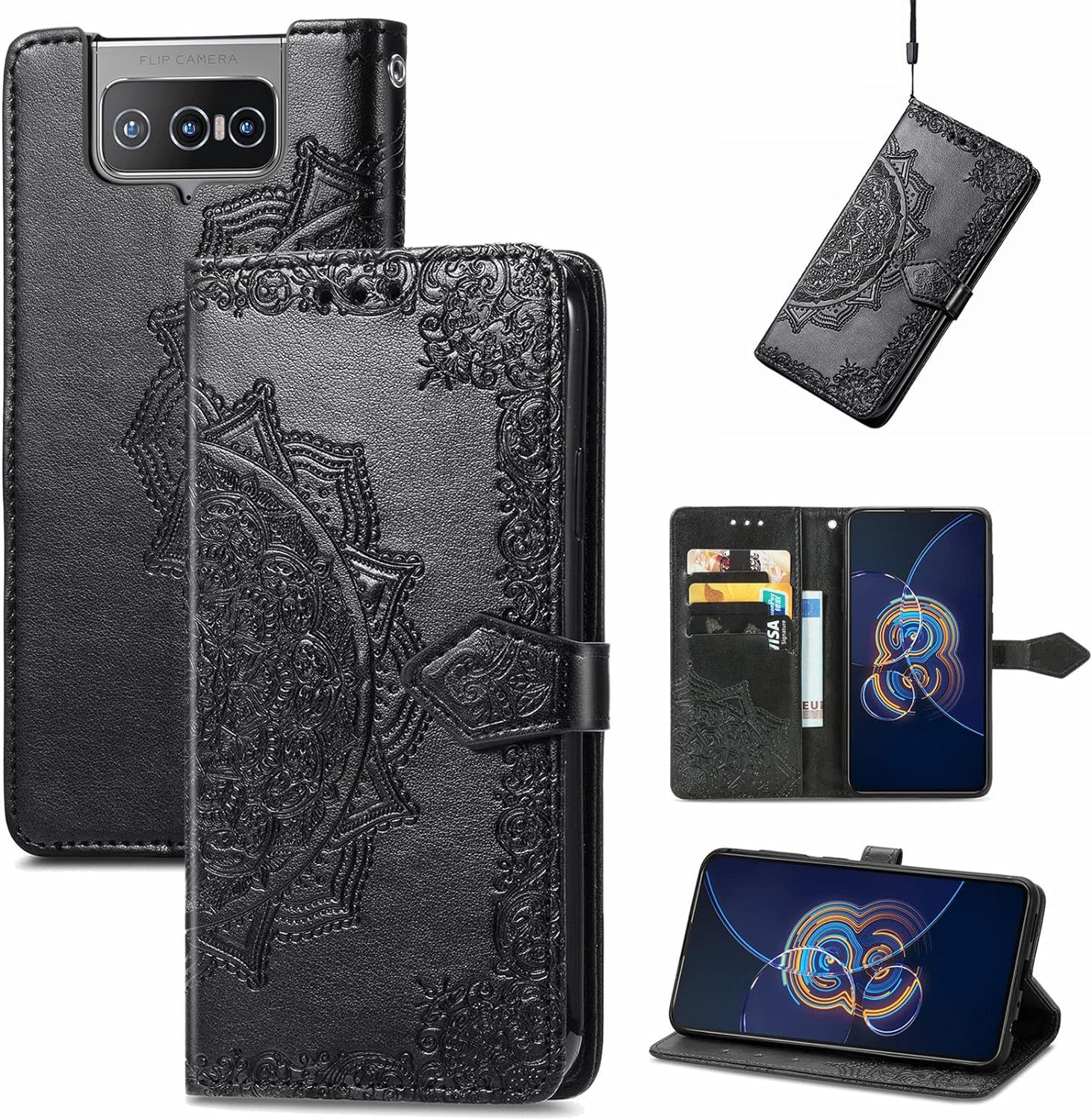 Note Book En Cuir Coque Pour Asus Zenfone 8 Flip Covers Pu En Cuir Flip Housses Avec Fente De Carte,Pochette Magnétique,Mandala Cuir Housse Étui Rabat Folio Wallet Case Pour Asus Zenfone 8 Flip Noir