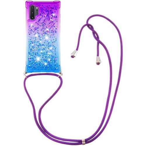 Collier Coque Pour Samsung Galaxy Note 10 + Plus Housse Liquide Paillette Quicksands Silicone Coque Flowing Strass Glitter Liquide Cover Antichoc Étui Souple Silicone Case Pour Smartphone Lanyard