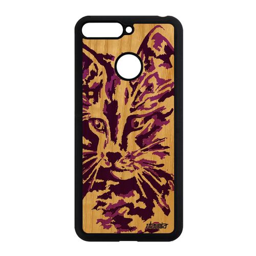 Coque Silicone Honor 7a Bois Veritable Chat Peinture Rose Smartphone Petit Art A