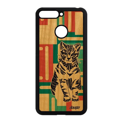 Coque Pour Honor 7a Bois Naturel Silicone Chat Fantaisie Carré Homme Frêne Vert