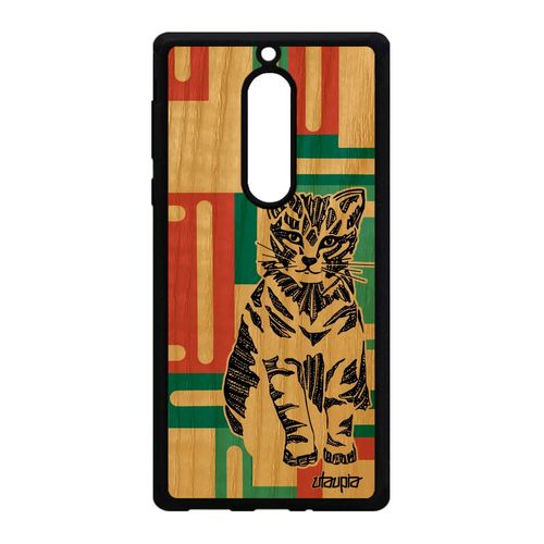 Coque Nokia 5 Bois Silicone Chat Antichoc Vert Carré Felin Fantaisie Etui Petit