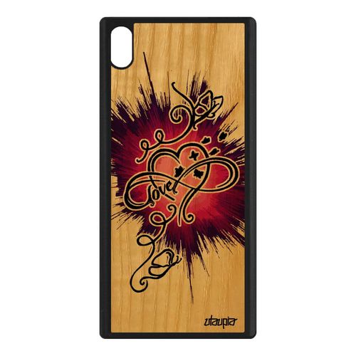 Coque Bois Silicone Pour Sony Xperia Xa1 Ultra Infini Love Coeur Rose Papillon A
