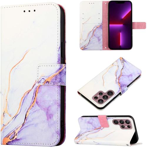 Coque Pu Cuir Pour Samsung Galaxy S22 Ultra 5g Cover Flip Portefeuille Marbre Étui Magnétique Protecteur Folio Stand Support Carte Crédit Slot Dragonne Impression Case Pour Galaxy S22 Ultra 5g-Mauve