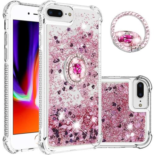 Doux Tpu Coque Pour Iphone 6s Plus/7 Plus/8 Plus Coques Pop Magnifique Liquide Paillettes Coque Étincelle Protection Arrière Silicone Coque Antichoc Mignon Transparente Porte-Anneau Case Pour-Or Rose