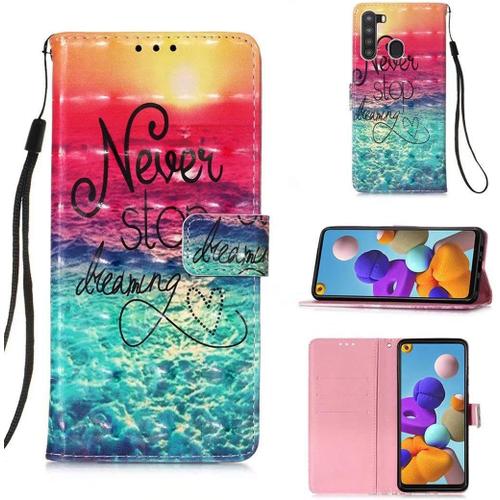 Compatible Avec Coque Samsung Galaxy A21 Motif 3d Pu Cuir Wallet Flip Cover Fermeture Magnétique Avec Fente Pour Carte Anti Choc Housse Courir Après Les Rêves