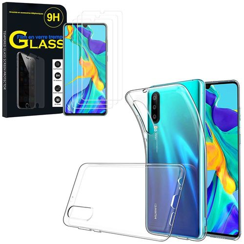 Coque Silicone Pour Huawei P30 6.1" Gel Ultraslim Et Ajustement Parfait - Transparent + 3 Films Verre Trempé