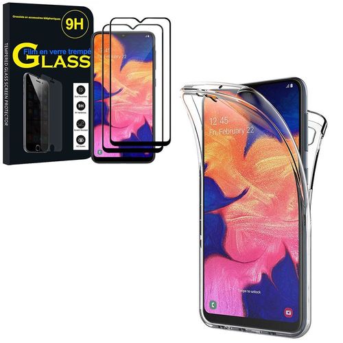 Coque Avant Et Arrière Silicone Pour Samsung Galaxy A10 6.2" 360° Protection Intégrale - Transparent + 2 Films Verre Trempé - Noir