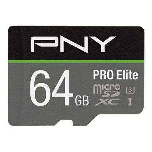 PNY PRO Elite - Carte mémoire flash (adaptateur microSDXC vers SD inclus(e)) - 64 Go - A1 / Video Class V30 / UHS-I U3 / Class10 - microSDXC UHS-I